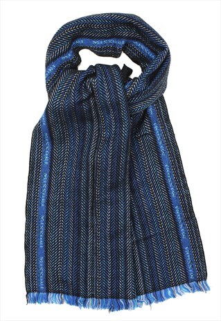 VINTAGE MISSONI KNITTED ZIG-ZAG WOOL BLUE SCARF LOGO