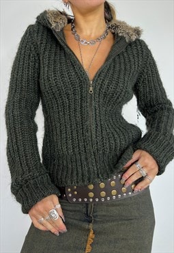 Vintage Y2k Miss Sixty Knit Hoodie Zip Up Sweater Faux Fur