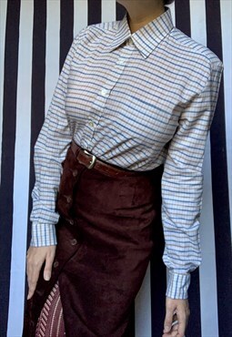 Vintage 70s-style striped shirt, blue & khaki, cotton, Uk12