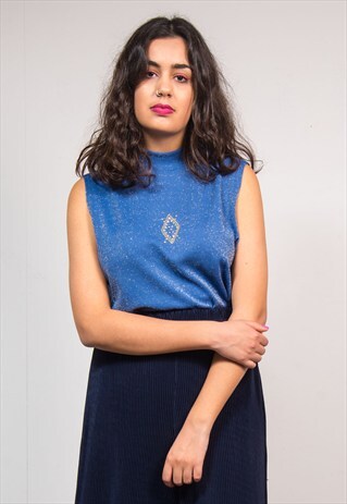 VINTAGE 90'S Y2K CUTE BLUE HIGH NECK GLITTER RHINESTONE TOP