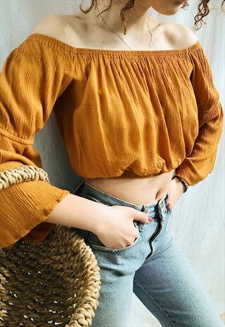 VINTAGE Y2K REWORKED TERACOTTA BOHO MILKMAID BLOUSE CROP TOP