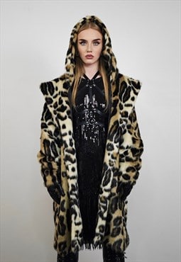 Hooded leopard coat brown faux fur animal print trench spot