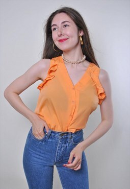 Vintage summer orange sleeveless ruffled blouse 