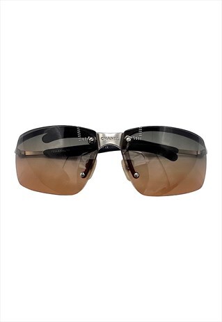 CHANEL SUNGLASSES RIMLESS SHIELD LOGO RECTANGLE ORANGE GREY