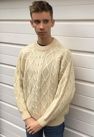 MENS VINTAGE 80S CREAM WOOL CABLE KNIT PATTERNED JUMPER TOP