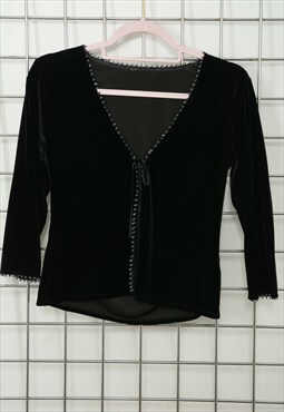 Vintage Y2K Velvet Cardigan Black Tie Front Size S