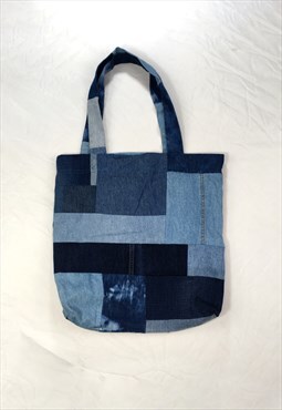 Blue Denim Patchwork Tote Bag with red velvet lining
