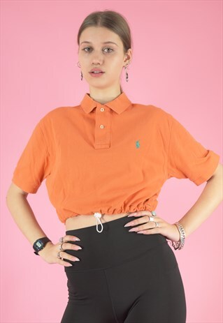 VINTAGE 90S REWORKED RALPH LAUREN CROP TOP POLO SHIRT ORANGE