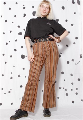 VINTAGE 90S GRUNGE BROWN STRIPED CORDUROY HIGH RISE FLARE