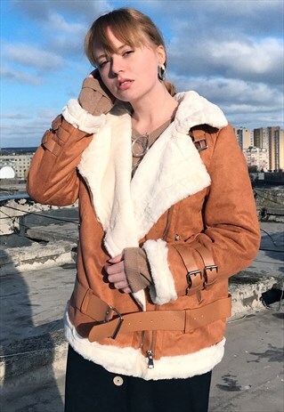 BELTED FAUX SUEDE AVIATOR JACKET