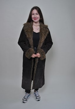 Vintage leather topcoat, faux fur collar leather fall coat 