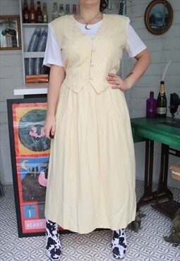 Vintage 80s Cream Floral Embroidered Maxi Vest Jacket Dress