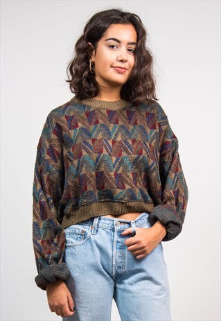 90'S VINTAGE DARK PATTERNED OVERSIZE CROPPED KNIT JUMPER