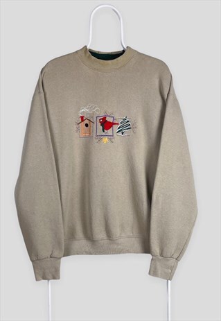 VINTAGE EMBROIDERED BEIGE SWEATSHIRT FRUIT OF THE LOOM LARGE