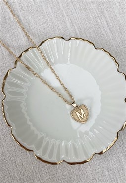 Gold Heart Monogram Initial M Charm Pendant  Necklace