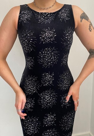 VINTAGE 90S Y2K BLACK VELVET GLITTER MAXI SLIP DRESS