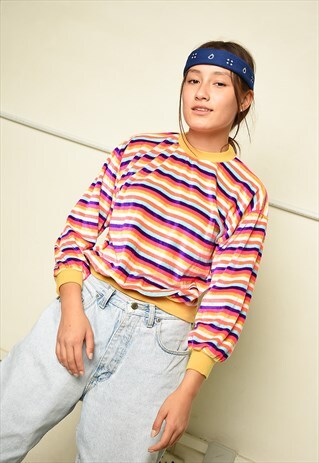 90'S RETRO ATHLEISURE STRIPED VELVET SWEATSHIRT JUMPER