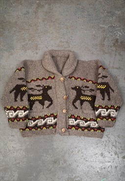 Vintage Knitted Patterned Cardigan Brown Deer Chunky Knit