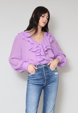 80's Ladies Vintage Blouse Purple Ruffle Long Sleeve