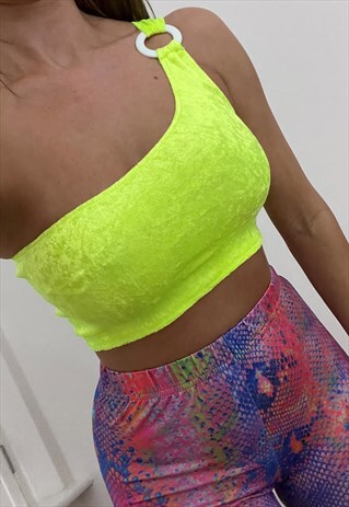 ASYMMETRIC RING CROP TOP IN NEON YELLOW VELVET
