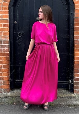 70's Vintage Ladies Hot Pink Batwing Maxi Dress Evening 