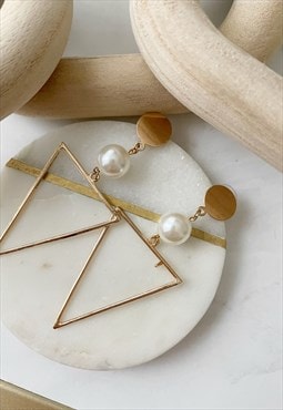 Gold Triangle Faux Pearl Minimalist Dangle Drop Earrings