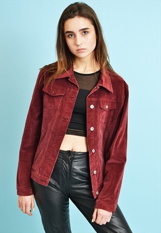 VINTAGE 90'S RETRO SCANDI CORDUROY MAROON JACKET