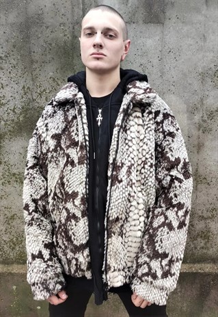 PYTHON FLEECE JACKET FAKE FUR COAT SNAKE PRINT BOMBER CREAM