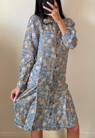 90s Blue & Cream Floral Shirt Midi Pleated Long Sleeve Dress