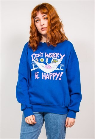 VINTAGE 90'S BLUE SLOGAN DUCK PRINT OVERSIZED SWEATSHIRT
