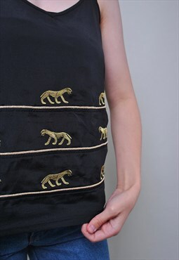 Vintage women top, 90s leopard embroidery black tank top 