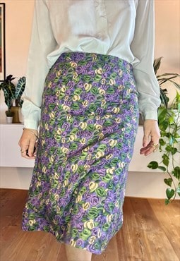 1970's vintage purple and green floral print bells midi skir