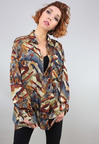 VINTAGE 80S 90S OVERSIZED LONG SLEEVE PATTERNED SHIRT