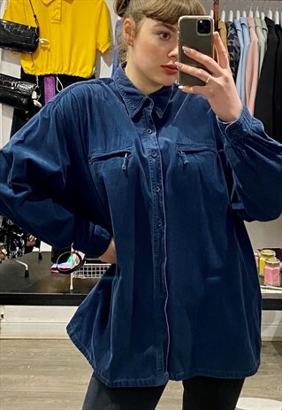 VINTAGE 90S CORDUROY SHIRT LONG SLEEVE IN BLUE WITH POCKETS