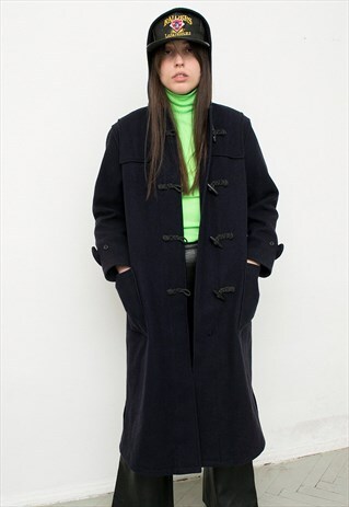 VINTAGE DUFFEL COAT NAVY BLUE BUTTON UP HOODED JACKET Y2K