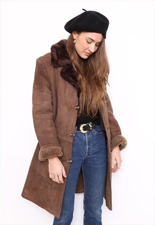 VINTAGE 80S BROWN SUEDE SHEEPSKIN SHEARLING COAT