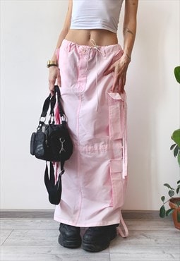 Vintage Y2K 00's Pink Cinched Waist Cargo Maxi Skirt
