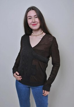 Vintage brown pullover blouse, 90s reworked sweater shirt 