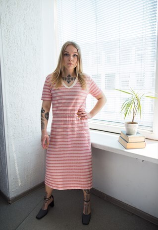 VINTAGE 70'S WHITE/RED STRIPED MIDI SHORT SLEEVED DRESS