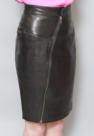 VINTAGE 1980'S BLACK LEATHER ZIP MINI SKIRT