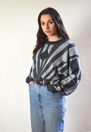 80S VINTAGE GREY DIAMOND ABSTRACT PATTERN KNIT JUMPER