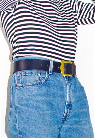 VINTAGED BLUE LEATHER GOLD BUCKLE BELT