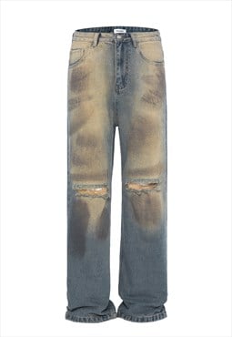 Oil wash jeans bleached denim trouser ripped rave pants blue