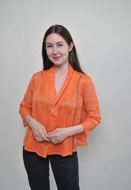 90's knit blouse, vintage knitted shirt orange color women 