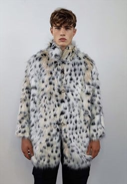 Faux fur coat leopard print Cruella jacket spot bomber cream