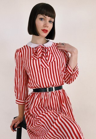 VINTAGE 90S RED AND WHITE CANDY STRIPED MIDI DRESS