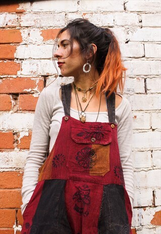 FAIRTRADE PURPLE & RASPBERRY BLOCK PRINT OVERALLS DUNGAREES