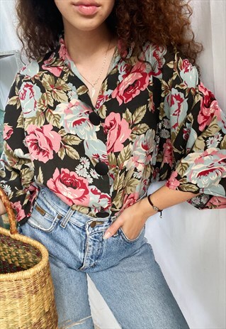 VINTAGE 80S BOTANICA ENGLISH GARDEN PRINT BOHEME BLOUSE TOP