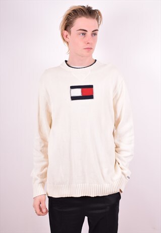 TOMMY HILFIGER MENS VINTAGE JUMPER SWEATER LARGE WHITE 90'S