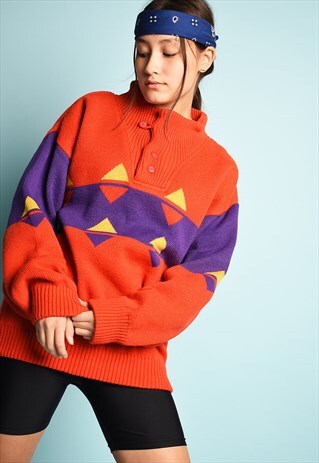VINTAGE 80'S RETRO GEOMETRIC PATTERN KNIT OVERSIZED JUMPER